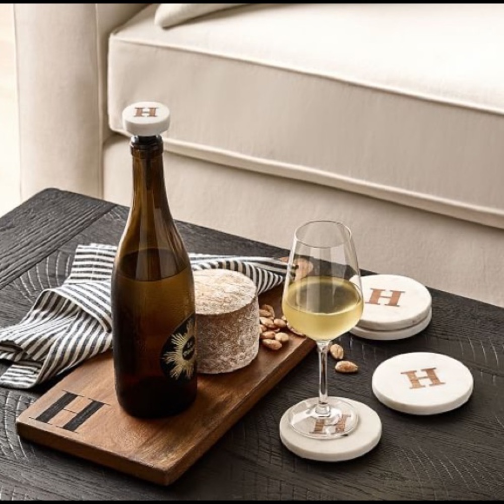 Monogrammed E coasters marble & wood pottery barn
